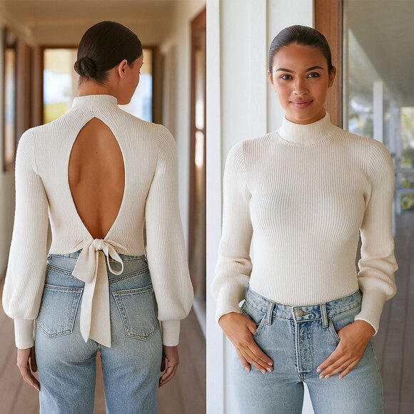 NWT Reformation Sweater Osteria Open-Back Tie Mock-Neck Cashmere Gossamer L - Picture 1 of 16